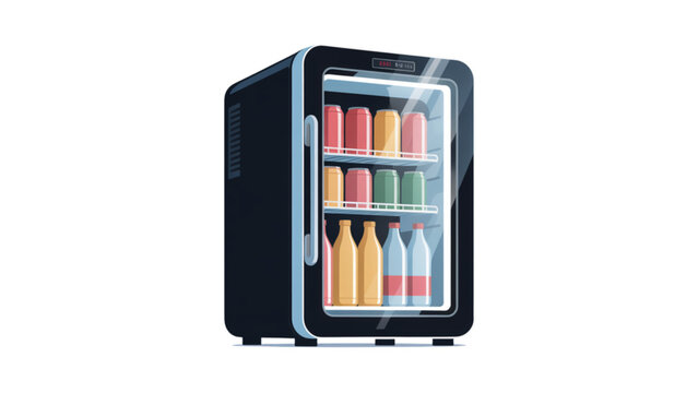 Modern black mini fridge filled with colorful bottles of drinks Vector