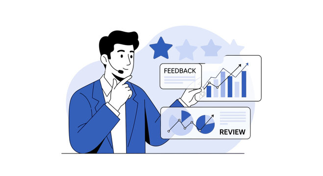 Man analyzing data charts, feedback, review and business growth