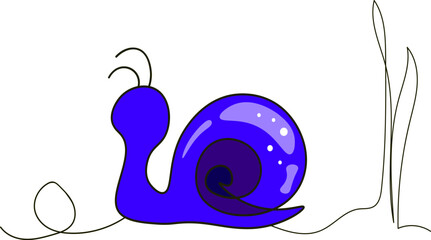 A charming illustration of a bright blue snail near blades of grass, drawn with simple lines and white highlights on a white background. © Ksenia