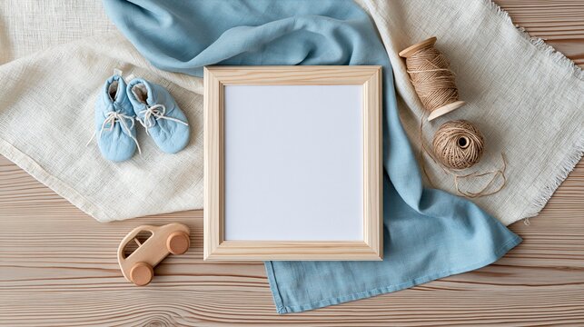 Empty square light wooden picture frame with tiny blue baby booties and small wooden toy car on linen fabric over wooden table for newborn baby content creation