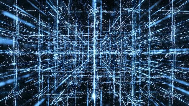 Abstract AI digital technology lines bright lights dark void concept. Abstract futuristic blue light grid with glowing lines and particles in digital space