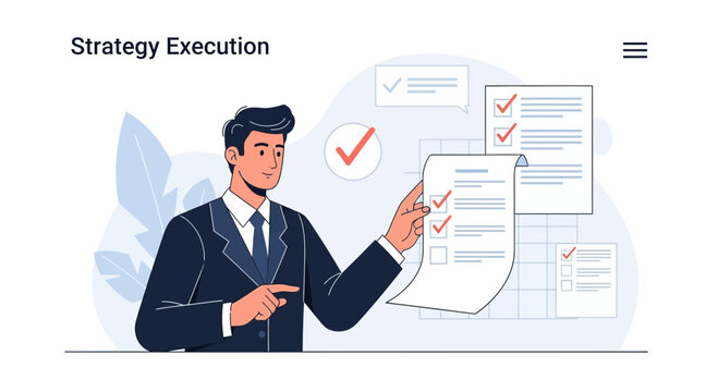 Man in suit checking off tasks on a list for strategy execution