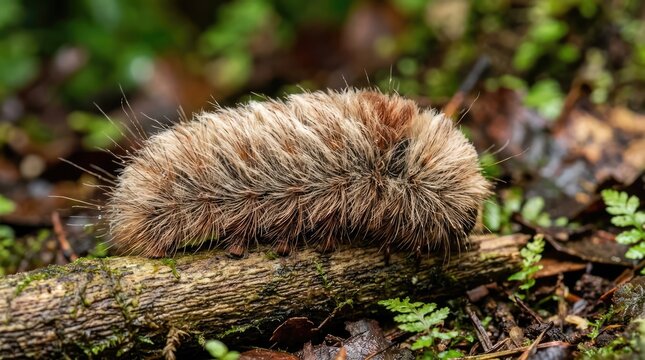 Fuzzy Brown Caterpillar Crawling on Mossy Log in Forest Undergrowth