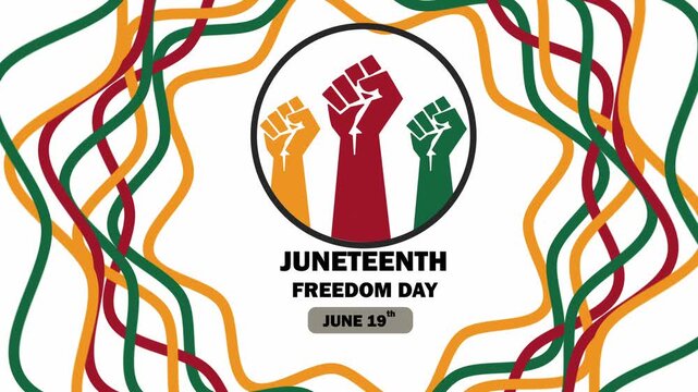 Juneteenth Freedom Day June 19th Banner with Raised Fists Icon and Abstract Wavy Lines animation 4k.