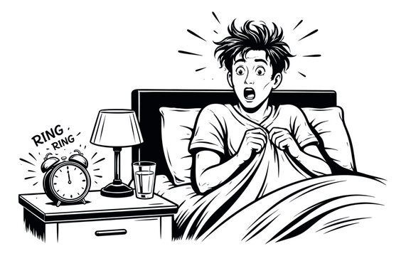 Hand drawn line art illustration of a man with messy hair depicting being startled by an alarm clock for morning wake up