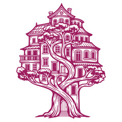 Fototapeta premium Illustrative Tree House Design with Swirling Branches and Windows Whimsical Home