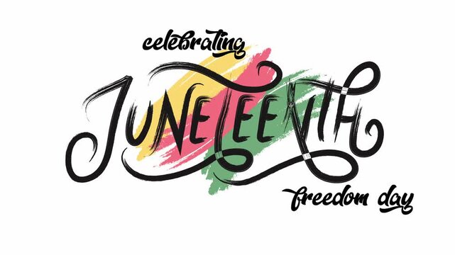 Celebrating Juneteenth, Freedom Day, brushstroke typography animation on a white background.