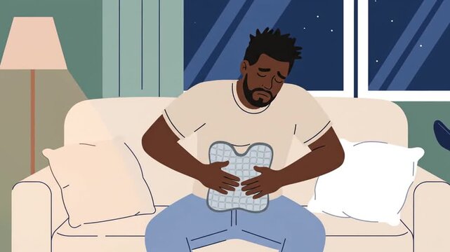 Man Experiences Stomach Discomfort at Home with a Heating Pad During Night, Animated Clip