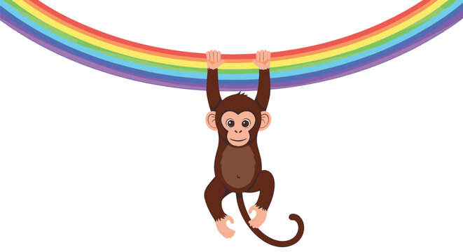 Vector illustration of a cute baby monkey hanging from a colorful vibrant rainbow, featuring a playful primate character design suitable for children nursery decor and graphics.