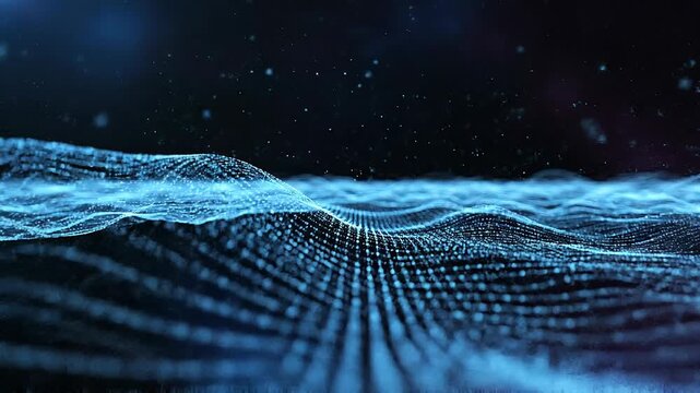 Abstract AI digital technology lines bright lights dark void concept. Abstract digital wave landscape with glowing blue particles and futuristic technology concept background