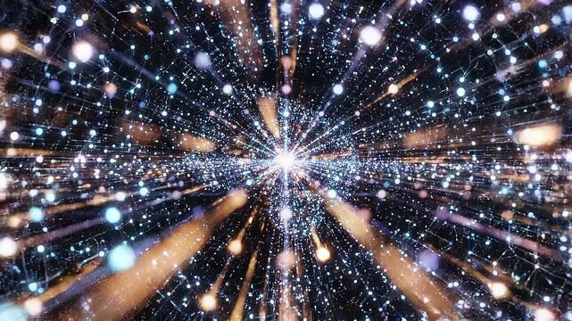 Abstract AI digital technology lines bright lights dark void concept. Glowing futuristic digital brain with bright light rays and connected dots representing artificial intelligence