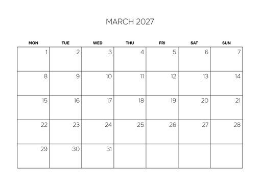 March 2027 Minimalist Wall Calendar Page Corporate Project Management Layout