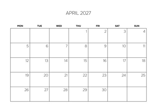 April 2027 Professional Monthly Calendar Template Minimalist Corporate Planner Grid