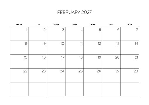 February 2027 Minimalist Monthly Calendar Template Corporate Schedule Grid Layout