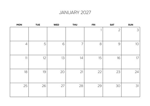 January 2027 Blank Monthly Planner Grid Clean Business Calendar Template