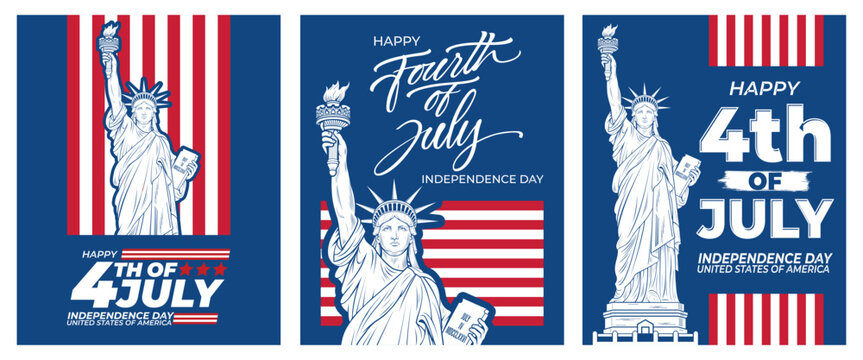 4th of July Social Media Banner with Blue Background American Flag Stripes and Statue of Liberty Vector