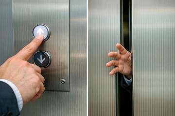 Naklejka premium A person presses a button on an elevator wall