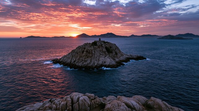 Small rocky island with tiny lighthouse standing in deep blue ocean during vibrant pink and orange sunset stunning dramatic coastal seascape natural landscape