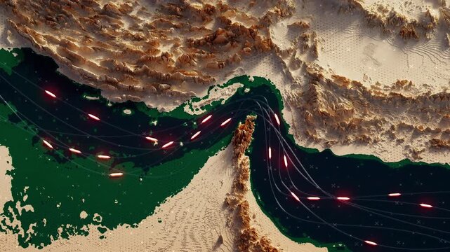 Maritime Blockade at Strategic Strait of Hormuz, Aerial View of Blocked Shipping Route and Choke Point