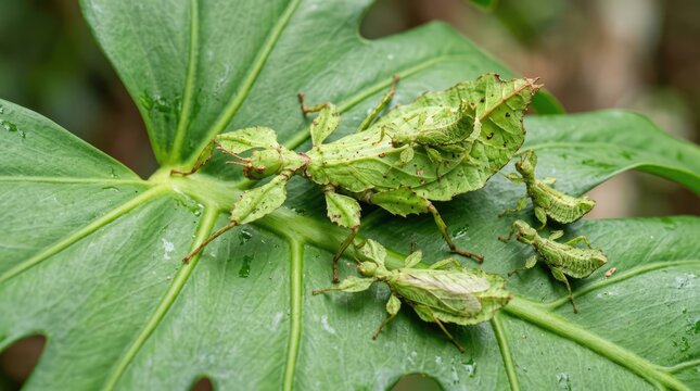 Camouflaged Leaf Insect Resting on Green Tropical Leaf in Natural Forest Setting