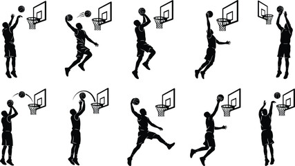 Basketball player silhouettes collection with diverse action poses of slam dunking shooting and scoring hoop isolated on white background © Arifa