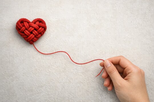 A person grasping a crimson cord adorned with an emblem of love