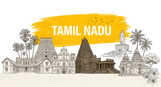 Tamil Nadu Cultural Heritage Illustration: Artistic Sketch of Meenakshi Temple, Brihadisvara Temple, Thiruvalluvar Statue, and Shore Temple with Vibrant Yellow Watercolor Splash for Graphic Wall Decor