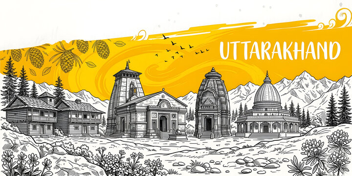 Uttarakhand Cultural Heritage Illustration: Artistic Sketch of Kedarnath Temple, Jageshwar Dham, Naini Devi Mandir, and Snowy Himalayan Peaks with Yellow Watercolor Splash for Graphic Wall Decor