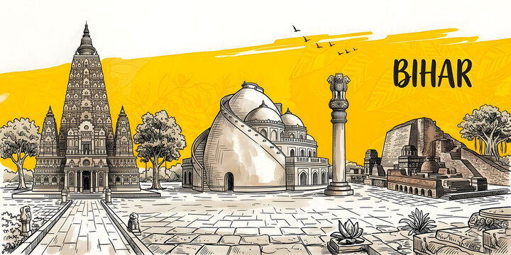 Bihar Cultural Heritage Illustration: Artistic Sketch of Mahabodhi Temple, Golghar, Ashoka Pillar, and Ancient Nalanda University Ruins with Vibrant Yellow Watercolor Splash for Graphic Wall Decor.