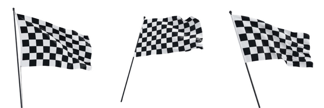 Racing PNG set of a black and white checkered flag waving on a thin pole isolated on white background for motorsport racing and finish line concepts