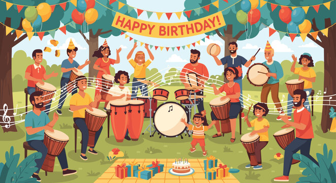 Joyful group of diverse people participating in a drum circle during an outdoor birthday celebration in a sunny green park.