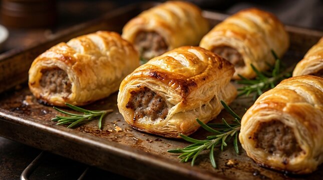 Freshly baked golden-brown sausage rolls with flaky puff pastry and savory seasoned meat rest on a dark metal baking sheet with rosemary.