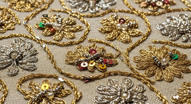 Close up of decorative floral embroidery with gold and silver thread details