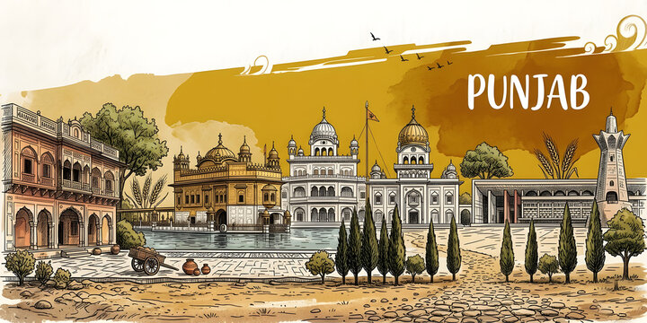 Punjab Cultural Heritage Illustration: Artistic Sketch of Golden Temple, Anandpur Sahib Gurdwara, Jallianwala Bagh, and Heritage Haveli Architecture with Warm Watercolor Splash for Graphic Wall decor