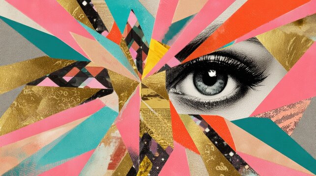 Abstract geometric collage with a detailed female eye surrounded by colorful shards and gold accents for modern art and creative design