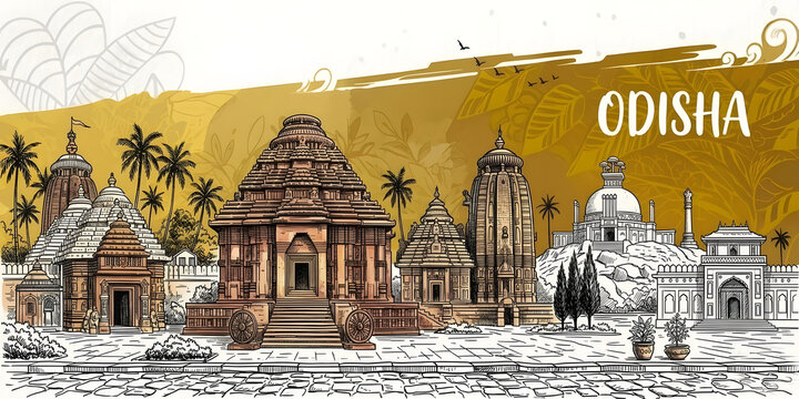 Odisha Cultural Heritage Illustration: Artistic Sketch of Konark Sun Temple, Jagannath Puri Temple, Lingaraja Temple, and Dhauli Shanti Stupa with Ochre Yellow Watercolor Splash for Graphic Wall Decor