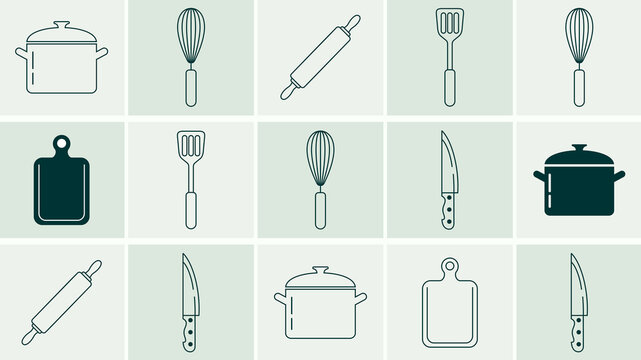 Seamless pattern with kitchen utensils, cooking tools, pots, whisks, rolling pins, cutting boards and knives