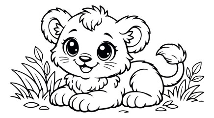 Fototapeta premium Cute hand drawn line art illustration of a lion cub depicting it smiling and lying in grass for children's activities