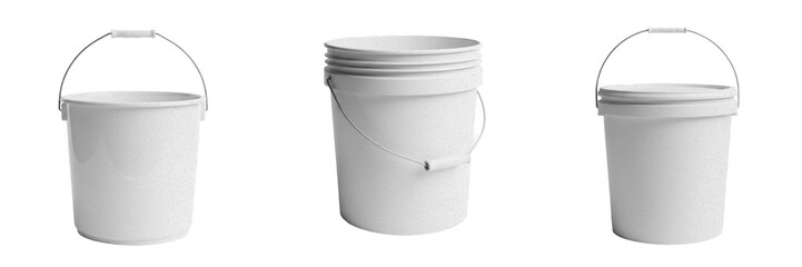 Industrial PNG set of a large white plastic bucket with a metal handle isolated on white background for construction paint or cleaning supply mockups © Dag