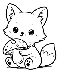 Fototapeta premium Cute hand drawn line art illustration of a baby fox depicting a mushroom in its paws for a children's coloring book