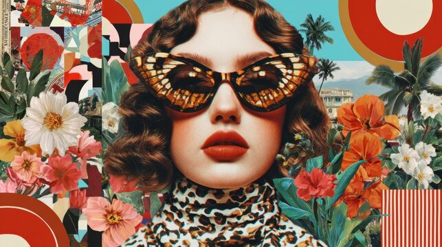 surreal portrait of woman with butterfly sunglasses and leopard print top surrounded by colorful flowers and geometric patterns