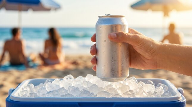 Hand holding a cold blank aluminum can with water drops over a cooler full of ice on a sunny beach, summer beverage mock up