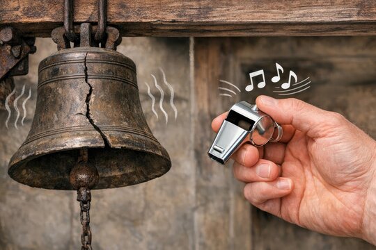 A person holds their cell phone next to a traditional bell, perhaps checking the time or taking a photo