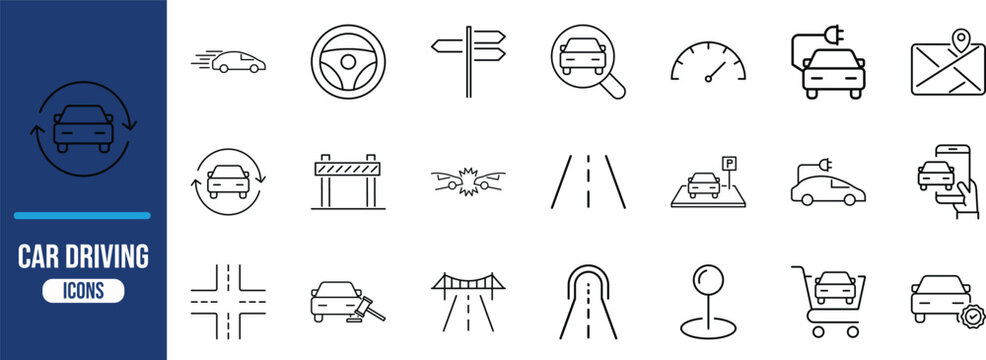 Car driving and road navigation icons. car icon set, steering wheel icon set, road icon set