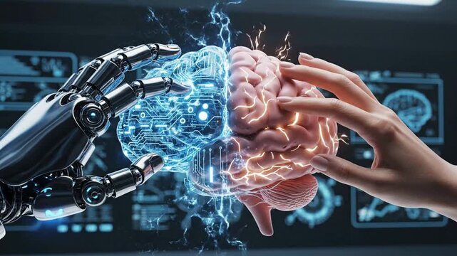 Robotic Hand & Human Touch Merge Digital Brain - AI Innovation