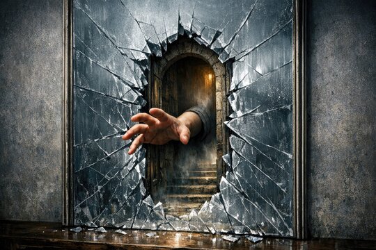 A person's hand reaches out from a hole in a wall, suggesting entrapment or confinement