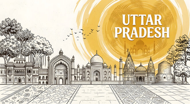 Uttar Pradesh Cultural Heritage Illustration: Artistic Sketch of Taj Mahal, Rumi Darwaza, Kashi Vishwanath Temple, and Sarnath Stupa with Warm Yellow Watercolor Sun Splash for Graphic Wall Decor.