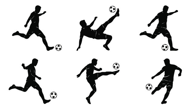 Silhouettes of soccer players kicking balls in various poses