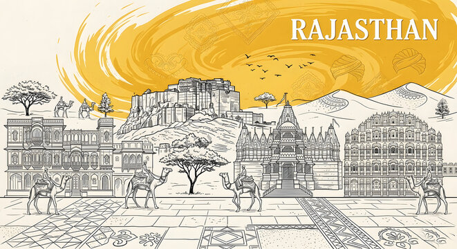Rajasthan Cultural Heritage Illustration: Artistic Sketch of Hawa Mahal, Amer Fort, Chand Baori Stepwell, Patwon Ki Haveli, and Desert Camels with Golden Ochre Watercolor Splash for Graphic Wall Decor