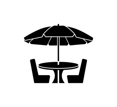 Outdoor furniture icons, patio set, table and chairs, umbrella, black silhouette